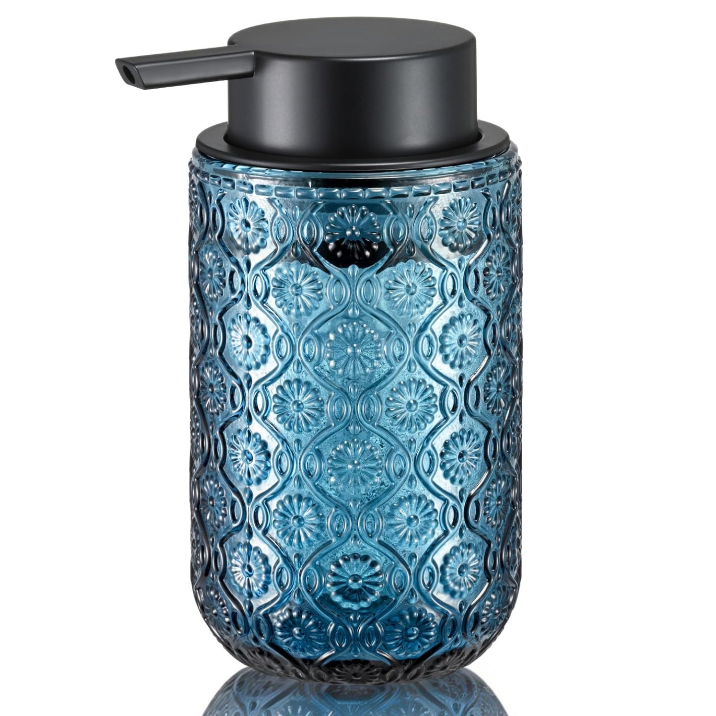zuxzmj Blue Glass Liquid Hand Soap Dispenser with Matte Black Pump Thick Embossed Bottle Refillable for Bathroom and Kitchen Decor 13.5 oz