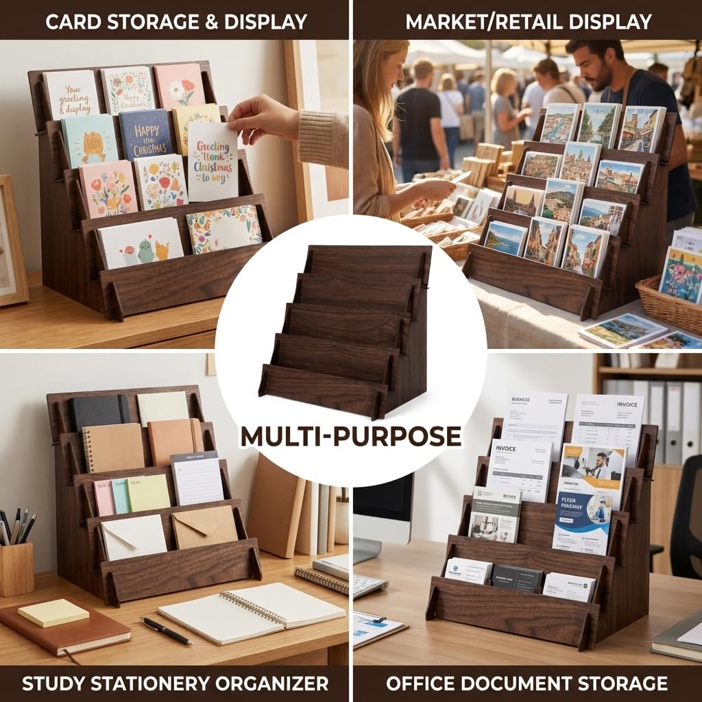 Hirokawa 4-Tier Wooden Greeting Card Display Stand, Card Rack for Stickers, Postcards, Photos, Stationery, Small Products, Home Office Decor & Organizer, Lightweight for Vendor Booths, Craft Fairs