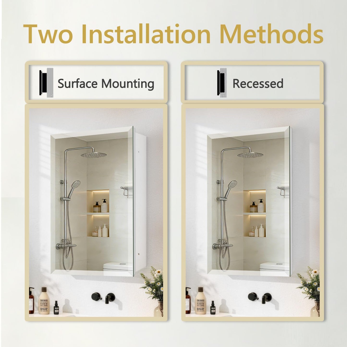 FUMANGO 22"x30" Medicine Cabinet,Bathromm Mirror Cabinet with 2X Magnifying Mirror,Soft Closing Hinge,A Mirror Cabinet with a Bevel,Recessed or Surface Mount,White