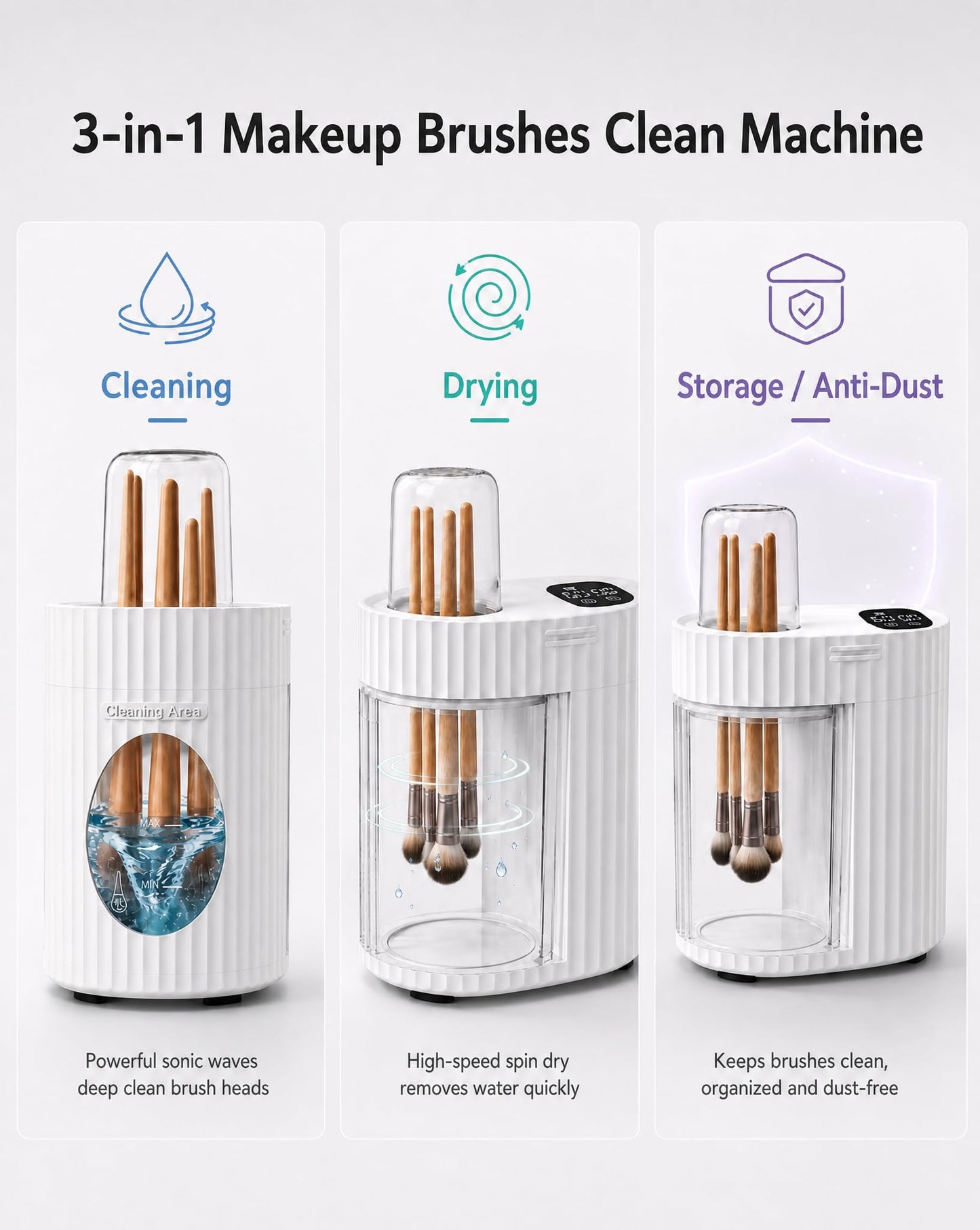 ALAFLY 3 IN 1 Electric Makeup Brush Cleaner & Dryer, Automatic USB Deep Cleaning Machine, Portable Quick Clean & Dry [No Need to Remove Makeup Brushes], Fits Most Brush Sizes