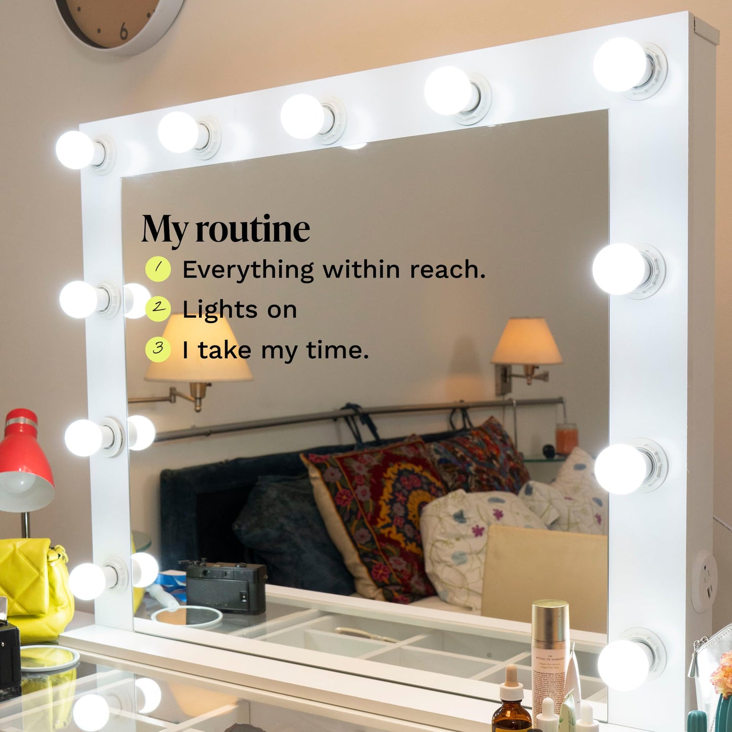 Boahaus Zoey Vanity Desk with Framed Bulb Mirror – 11 Drawer Makeup Station with Glass Top & Jewelry Divider