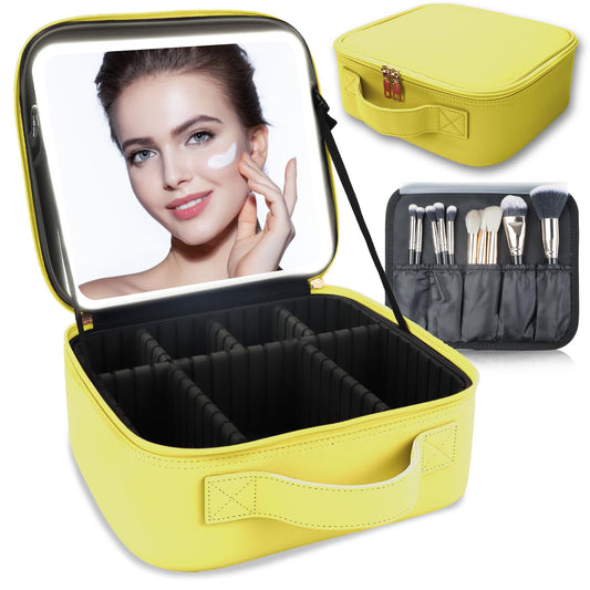 SUILU Makeup Bag with Led Mirror,with 3 Color Setting,Portable Storage and Adjustable Dividers Travel Makeup Bag, for Women and Makeup Artists Large Vanity Makeup Cases-Yellow