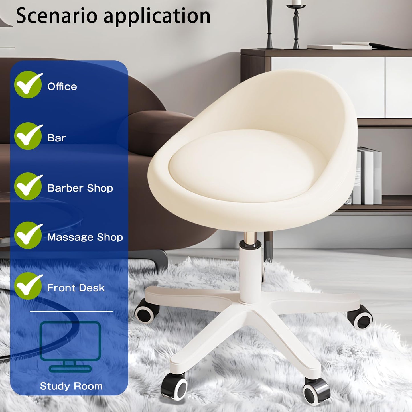 Timbertouch Rolling Stool – Ergonomic Swivel Seat, Adjustable Height, Ultra-Quiet Wheels, Padded PU Leather Cushion, for Salon, Office, Massage & Medical Use Beige