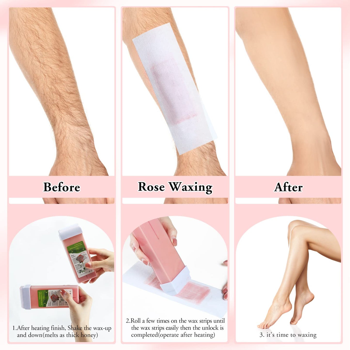Rose Roll on Hair Removal Wax Refill Cartridges for Sensitive Skin, Rolling Waxing Kit for Women's Body, Legs, Arms at Home - 4 Pack (14.1 OZ)