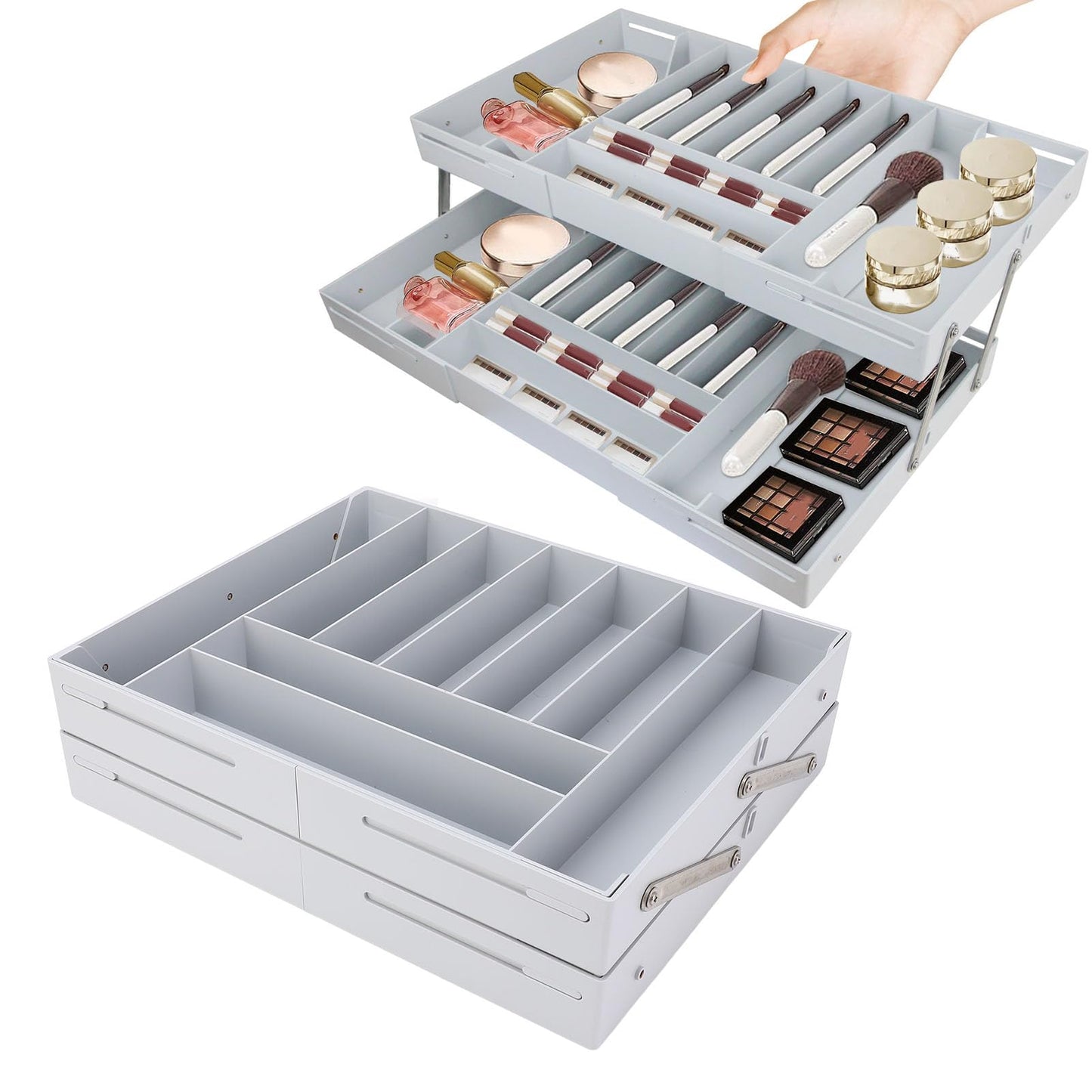 Extra Large and High Drawer Organizer, 2 Tier Smart Expandable Desk Organizer, Multi Level Junk Drawer Organizer for Makeup, Jewelry, Desk, Office Drawers (Gray)