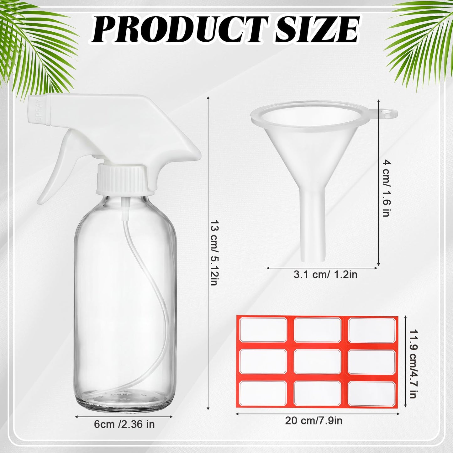 Norme 24 Pcs Glass Spray Bottles with Funnels and Labels 8 oz Refillable Cosmetic Empty Spray Containers with Trigger Squirt Containers for Essential Oil Cleaning Solutions (Transparent)