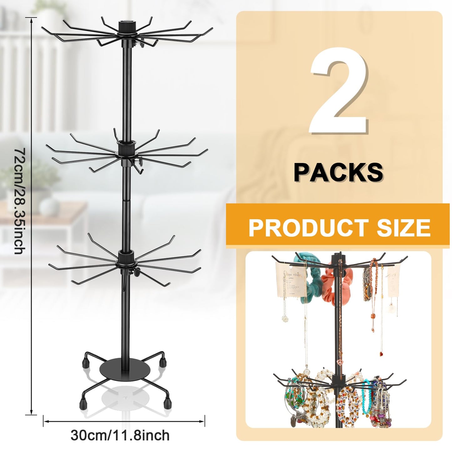Yaocom 2 Pcs Spinning Jewelry Display Stand 3 Tier Rotating Keychain Earring Retail Rack Adjustable Fashion Counter Jewelry Tree Display Holder Organizer for Women Men (Black)