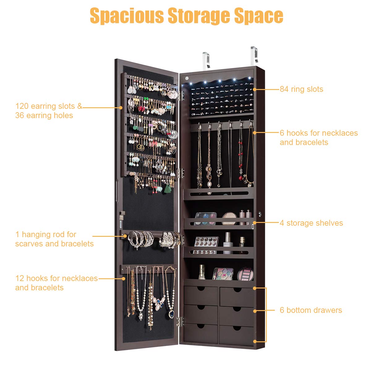 Giantex Wall Door Mounted Jewelry Cabinet with Full Length Mirror, Lockable Over Door Jewelry Armoire with LED Lights, 47.5" Large Jewelry Storage Organizer with 6 Drawers, Espresso