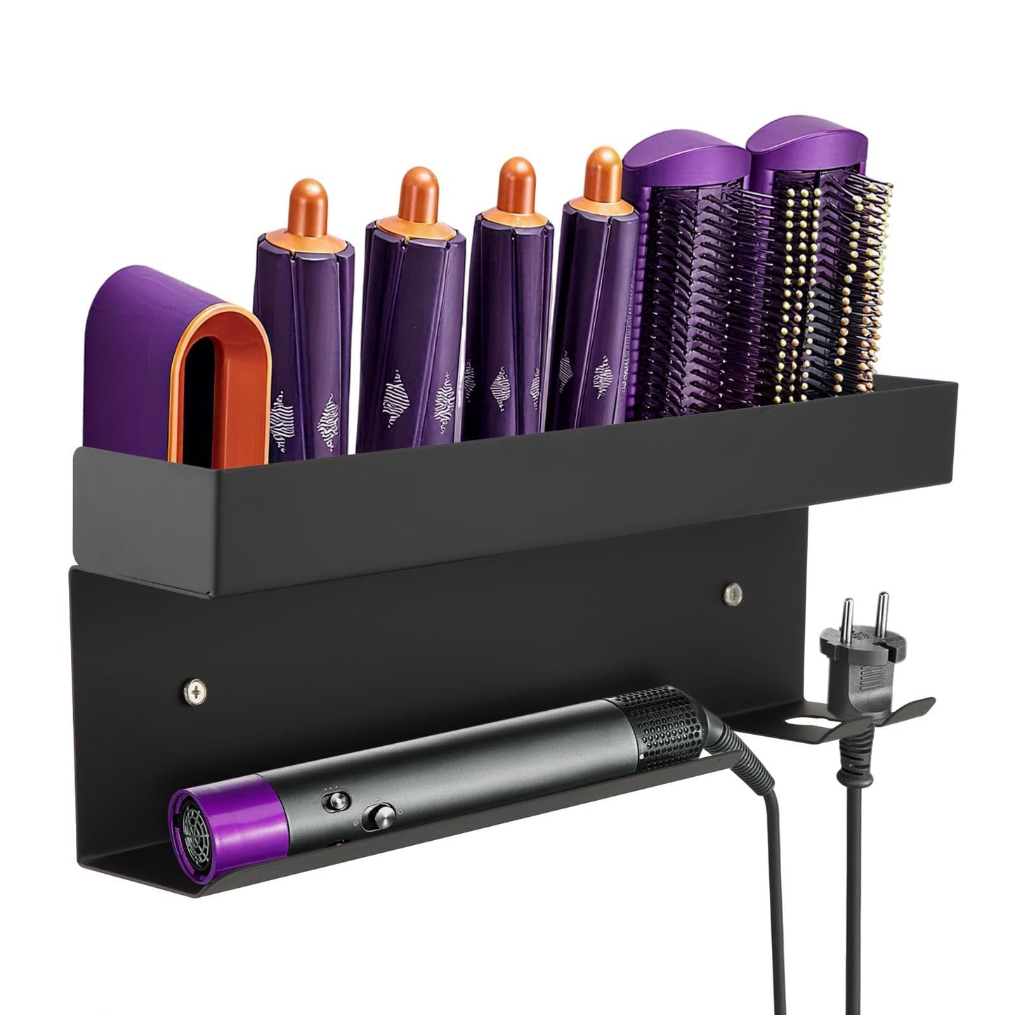 Hair Dryer Holder Wall Mount, Adhesive Curling Iron Holder Organizer, Bathroom Hair Straightener Stand for Curling Iron Accessories Styler Attachments Organizer, Black