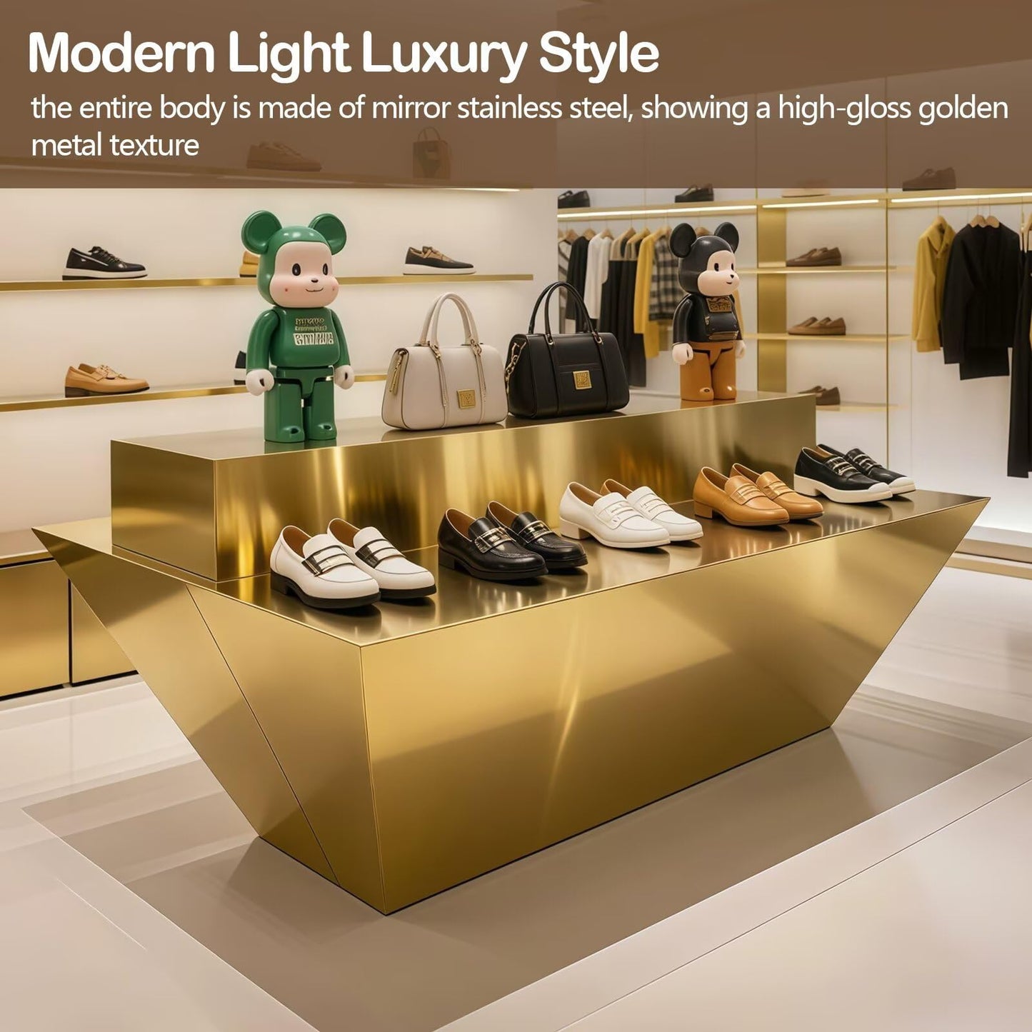 HHEvergreenEnsemble Display Table with Gold Trapezoidal Base,Luxurious Bag Display Stand Includes Double-Layer Storage Design for Retail Stores,Shopping Mall,78.74IN