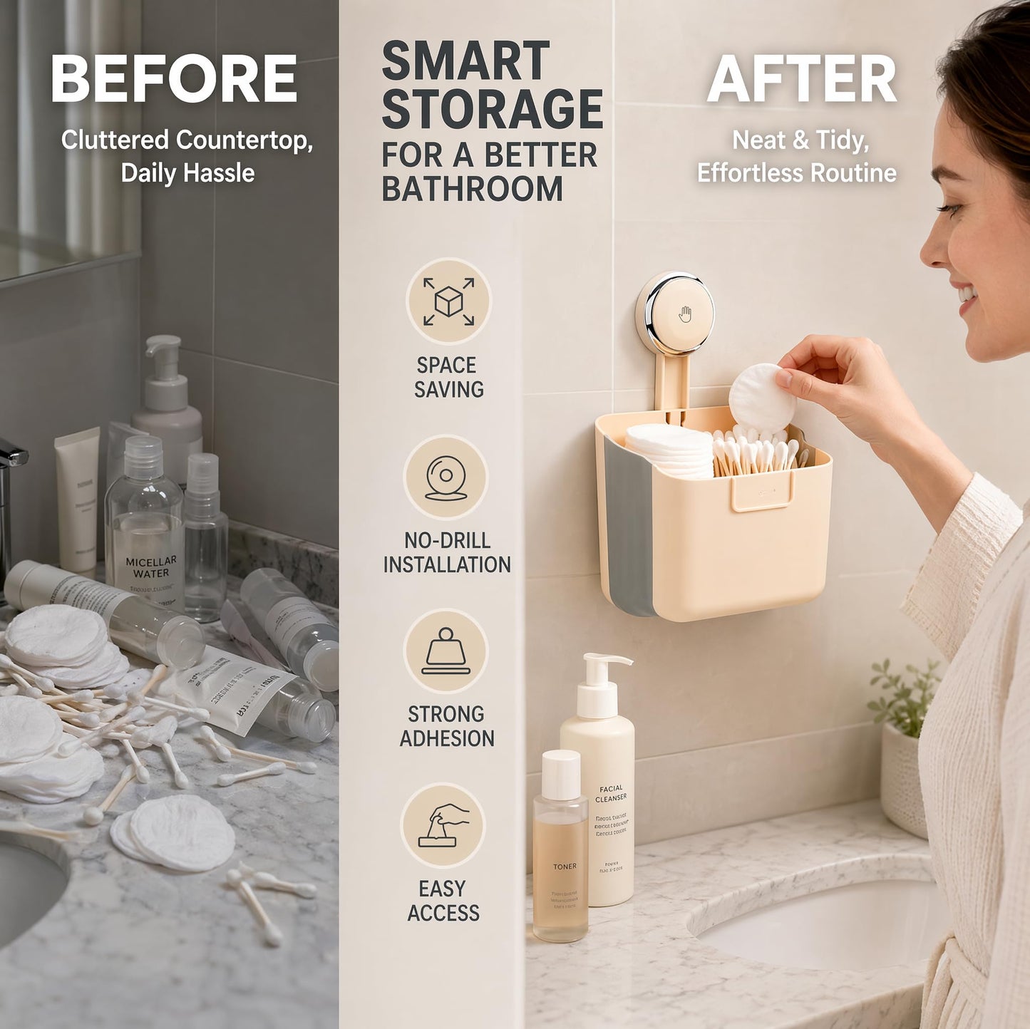 KLAVISPURE No-Drilling Wall Mount Cotton Pad Holder Dispenser and Organizer Fits Cotton Rounds Pads and Disposable Face Towels Bathroom Vanity Makeup Storage Decor
