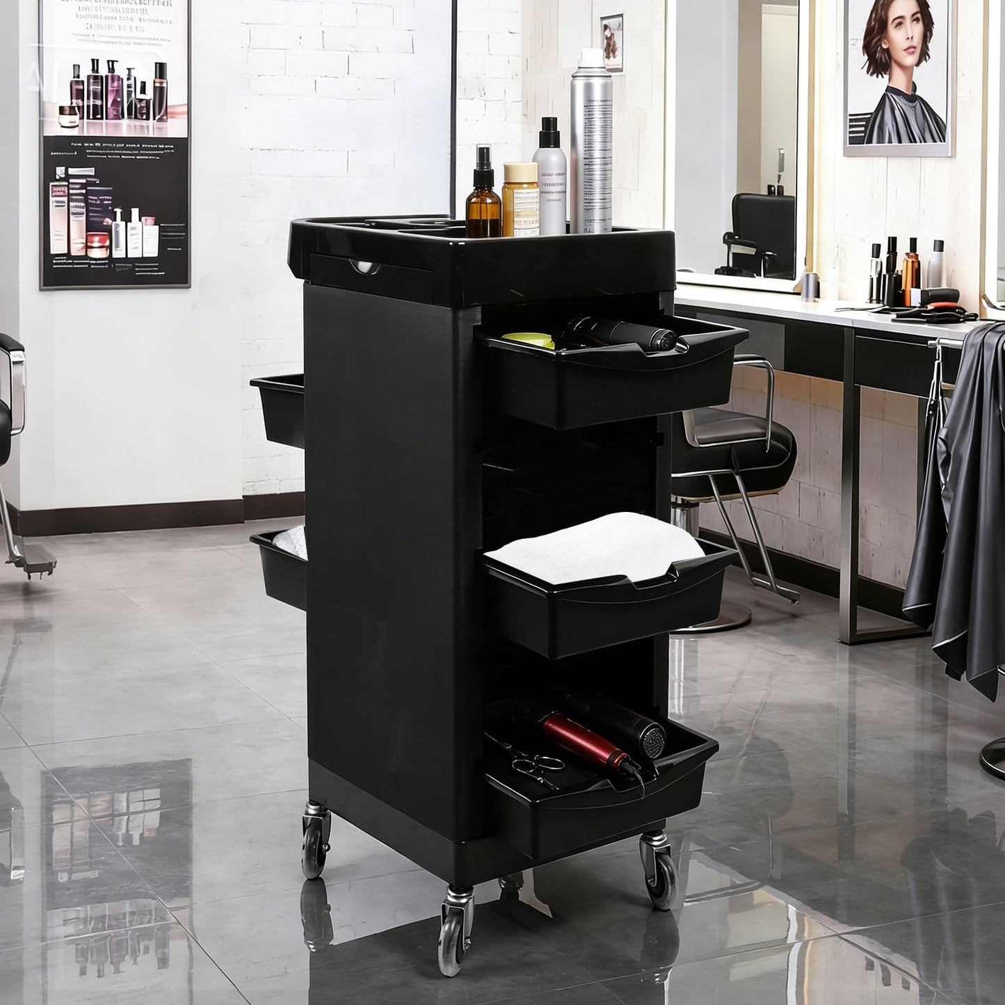 EBANKU Salon Beauty Rolling Trolley Cart Black Hair Salon Storage Cabinet Barber Organizer Tool Multi Drawers Rolling Cart with 4 Universal Wheels Hair Salons Supplies