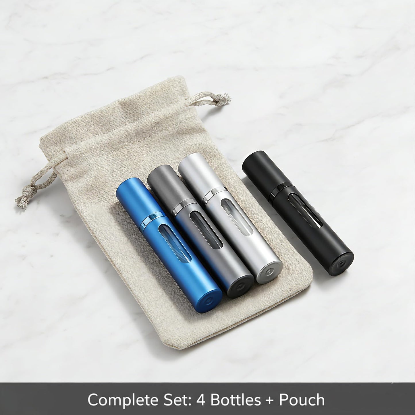 Nyuemystery 10ml 4 Pack Bottom Fill Perfume Atomizer, Refillable Travel Spray Bottle, Leak-Proof Portable Mini Cologne Dispenser with Pouch for Women & Men