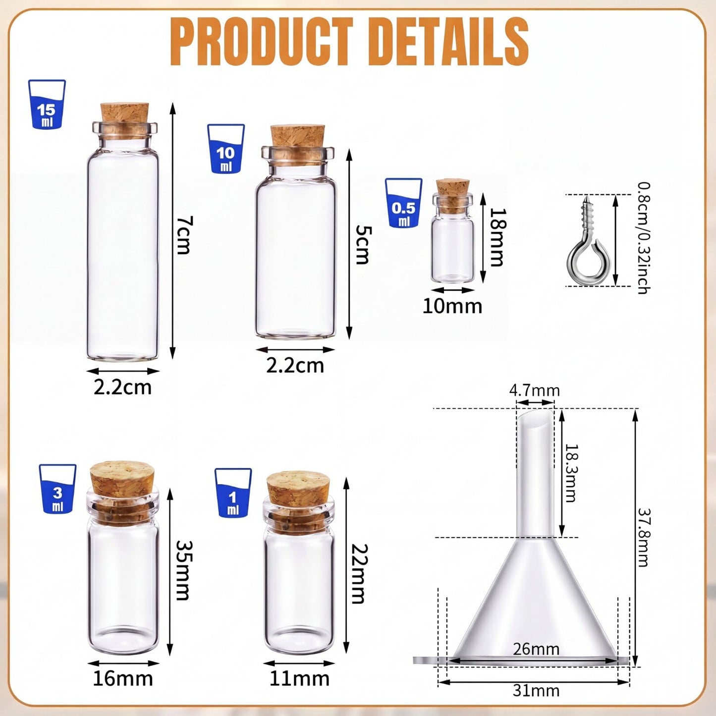 Geiserailie 45 Pcs Mini Glass Bottles with Cork Stoppers Spell Jar Mini Glass Vials Potion Bottles Clear Wishing Jars with 50 Eye Screws 3 Funnels for Party Favors DIY Art Crafts Decoration(Small)