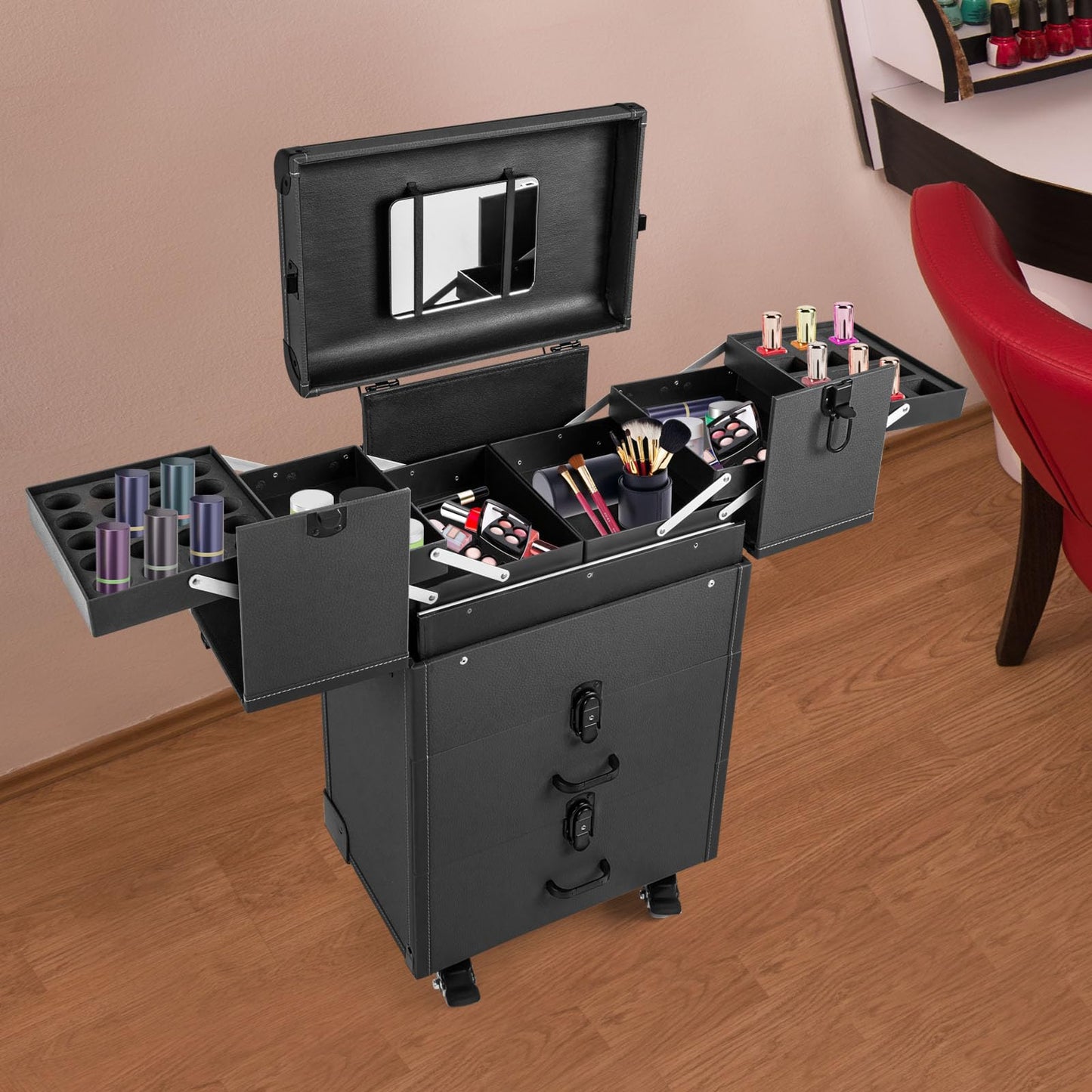 Lockable Rolling Makeup Train Case, 14.57*9.45*25.98in 3 In 1 Rolling Makeup Case Portable Cosmetic Organizer Trolley Large Make Up Cosmetic Orgainzer with Locks for Makeup Artists Hairdressers