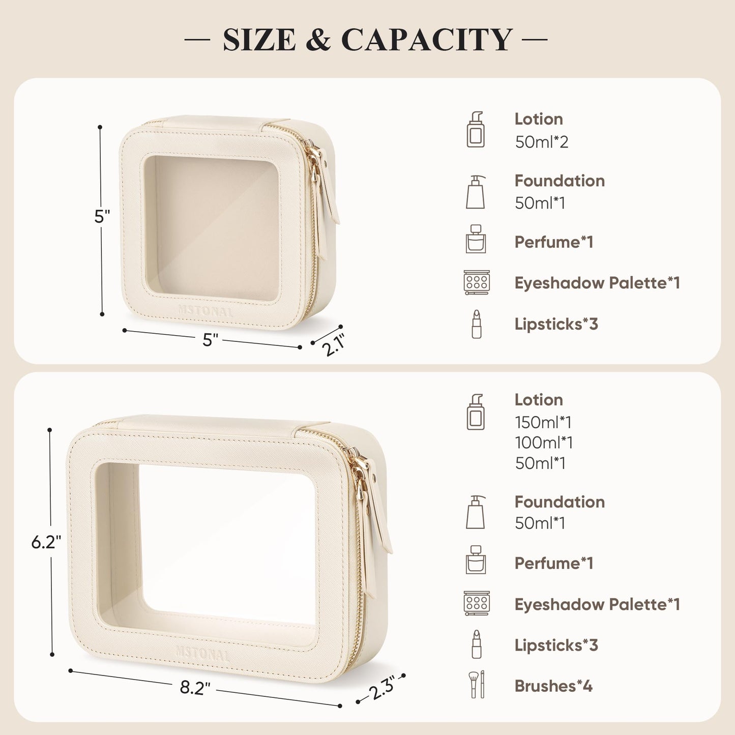 MSTONAL Clear Makeup Bag, Travel Toiletry Bag Cosmetic Case for Women, Waterproof Portable Make Up Skincare Pouch with Zipper, Compact Car Organizer Bag for Essentials, Medium Size, Beige