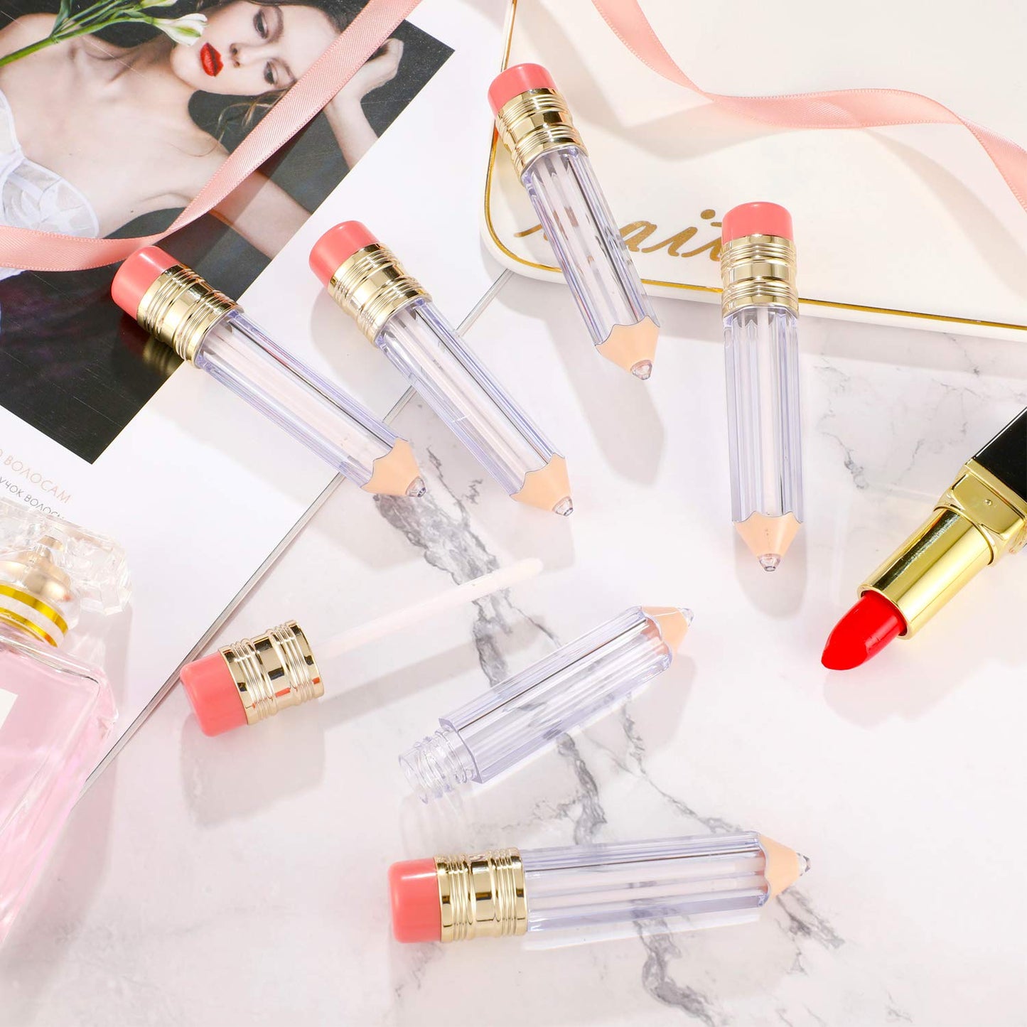 Blulu 24 Pcs Pencil Lip Gloss Tubes Bulk, 5 ml Empty Lip Gloss Containers, Cute Refillable Lips Balm Tubes for Graduation Party Favors, End of School Year, Back to School Teacher Appreciation Gifts