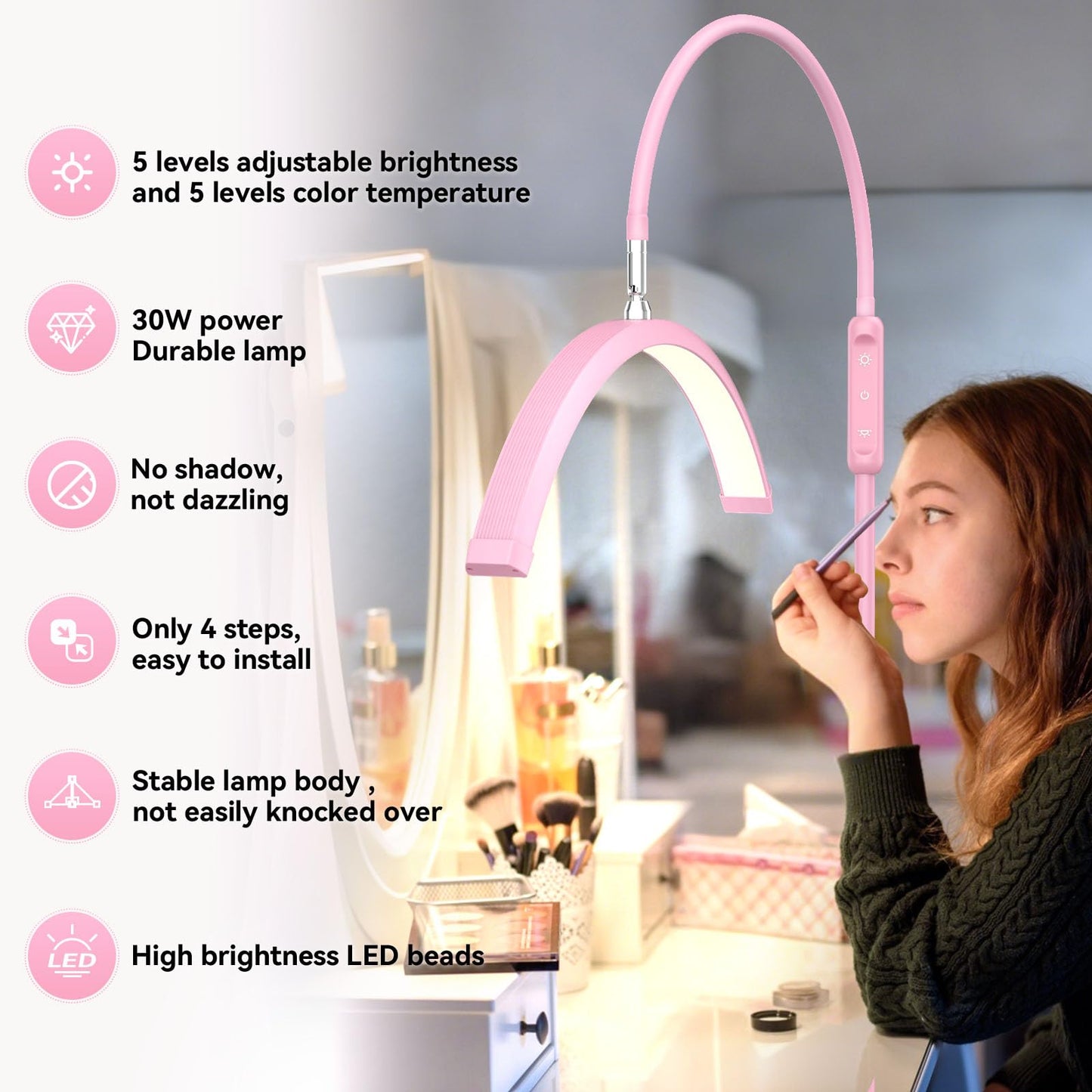 Fitlume Lash Light for Eyelash Tech, Led Floor Lamp Half Moon Light for Eyelash Extensions, Tattoo Artists, Nail Tech, Skincare, Esthetician Lights, Office, Bedroom,with Stand Tray, Pink