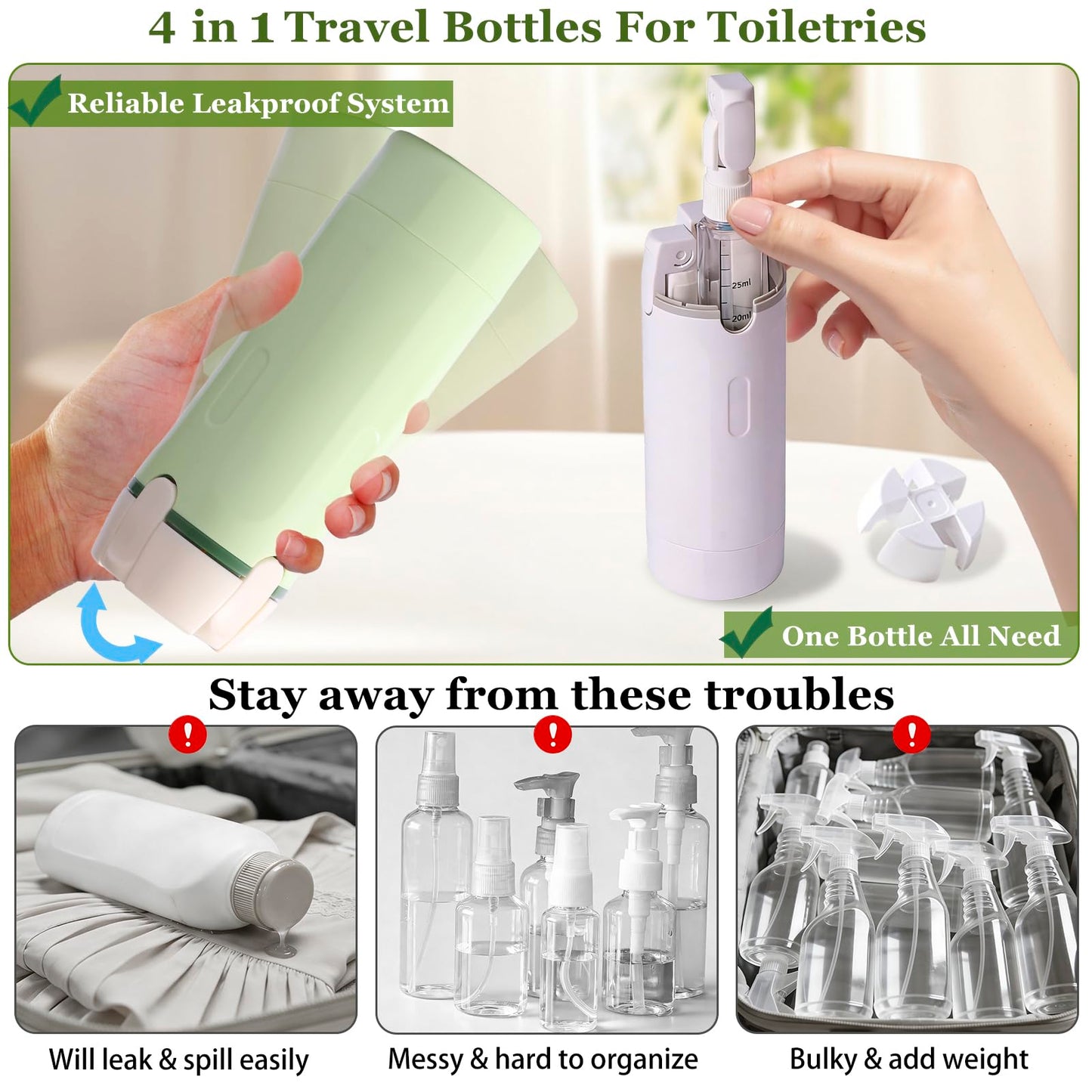 4 in 1 Travel Dispenser, 4 Pack 30ML Leak Proof Travel Size Bottles with Stickers, Brush & Storage Bag, Refillable TSA Approved Travel Toiletry Container Set for Shampoo, Lotion, Conditioner (White)