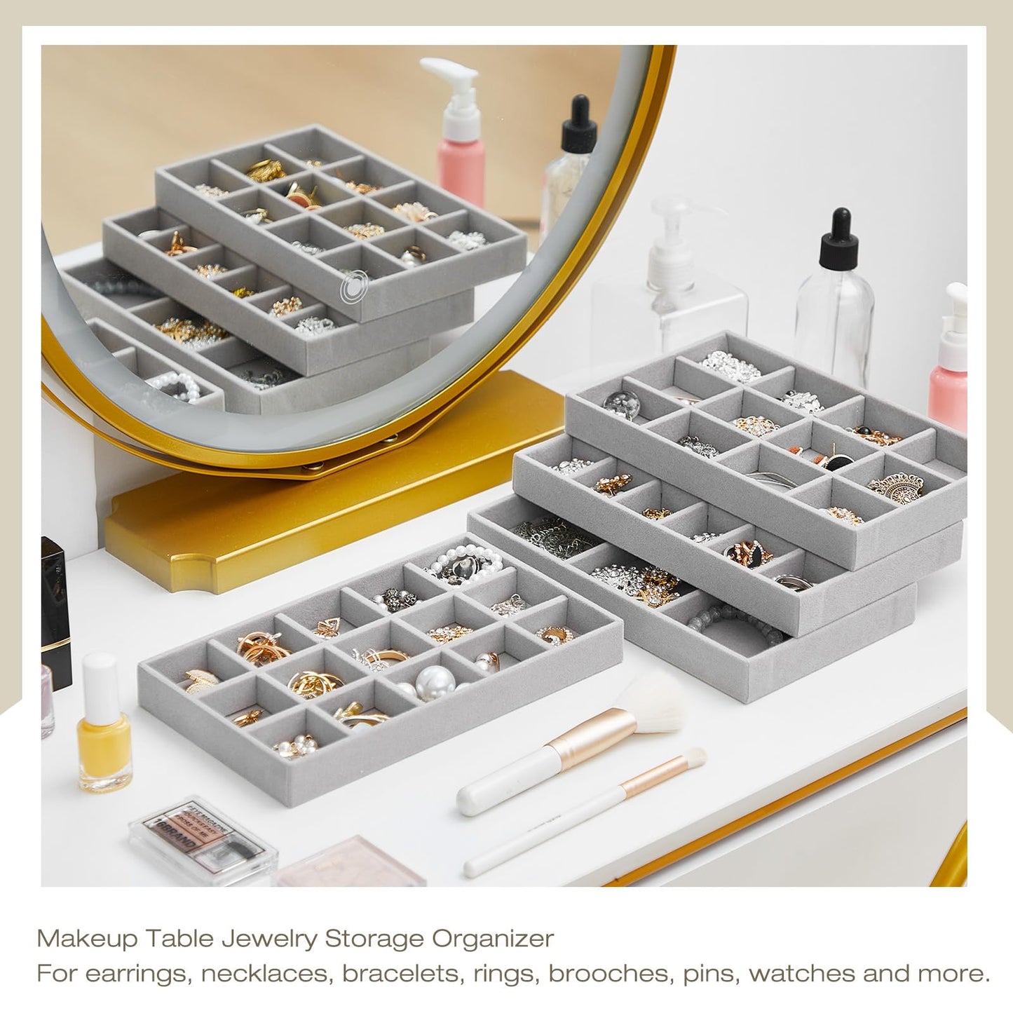 Junkin 12 Pcs Jewelry Tray Velvet Stackable Jewelry Organizer Trays Divided Earring Accessories Storage Containers Box(Gray)