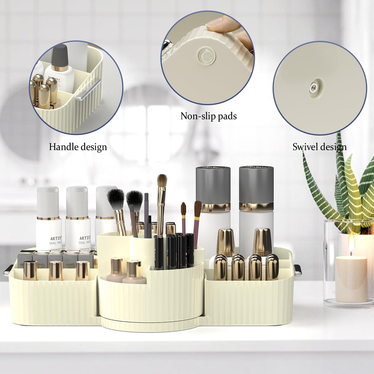 Aieyaki Rotating Makeup Organizer Cosmetic Display Case, Used for Vanity Makeup Brushes, Lipstick, Perfume and Various Skin Care Products - Spacious and Fashionable Storage Solution (Creamy White)
