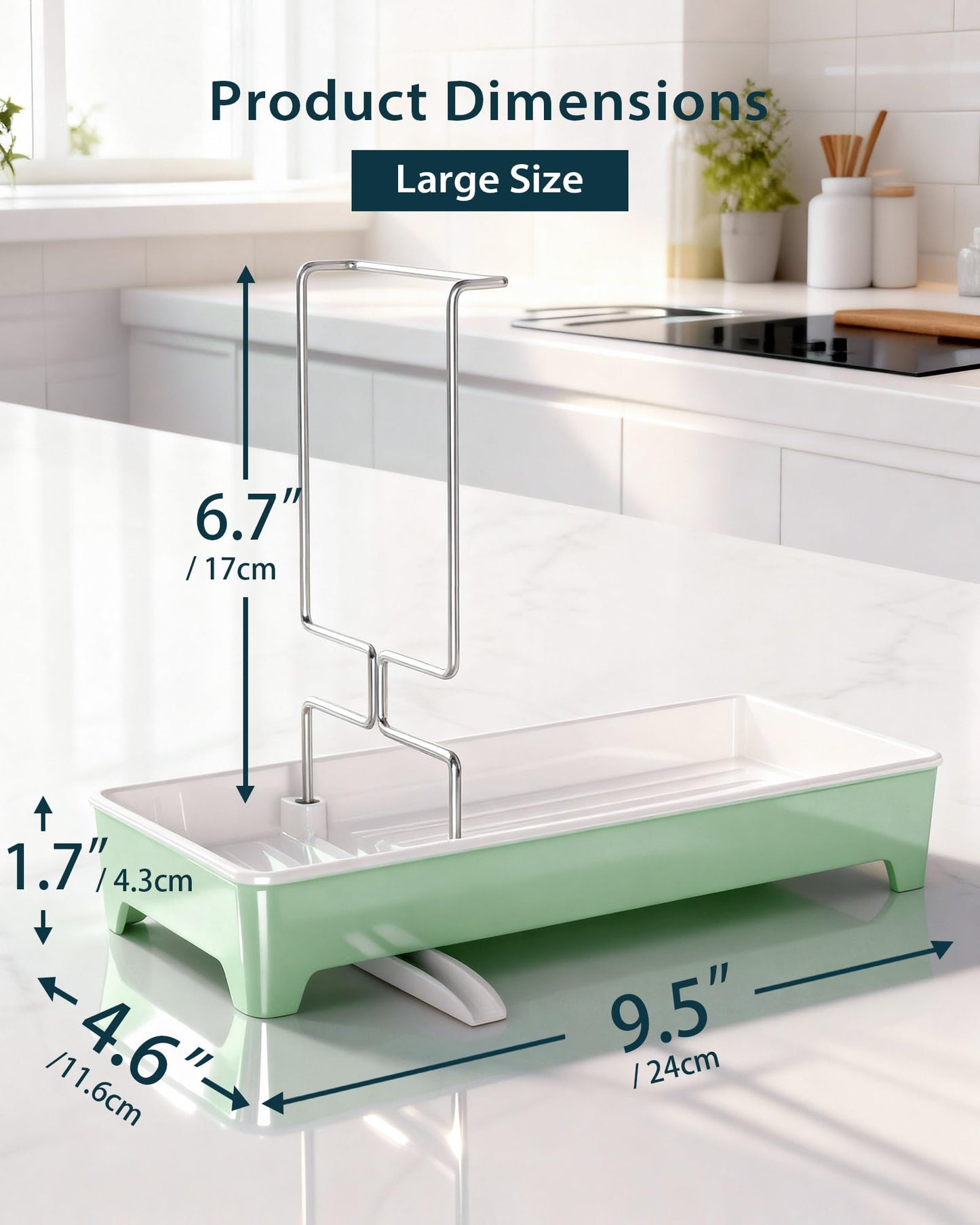 Caumic Minimalist Sink Caddy, Rustproof Sponge Holder for Kitchen Sink with 304 Stainless-Steel Brush Holder, Countertop Rack Organizer with Raised Ridges & Silicone Drain Tube (Mint Green, Large)