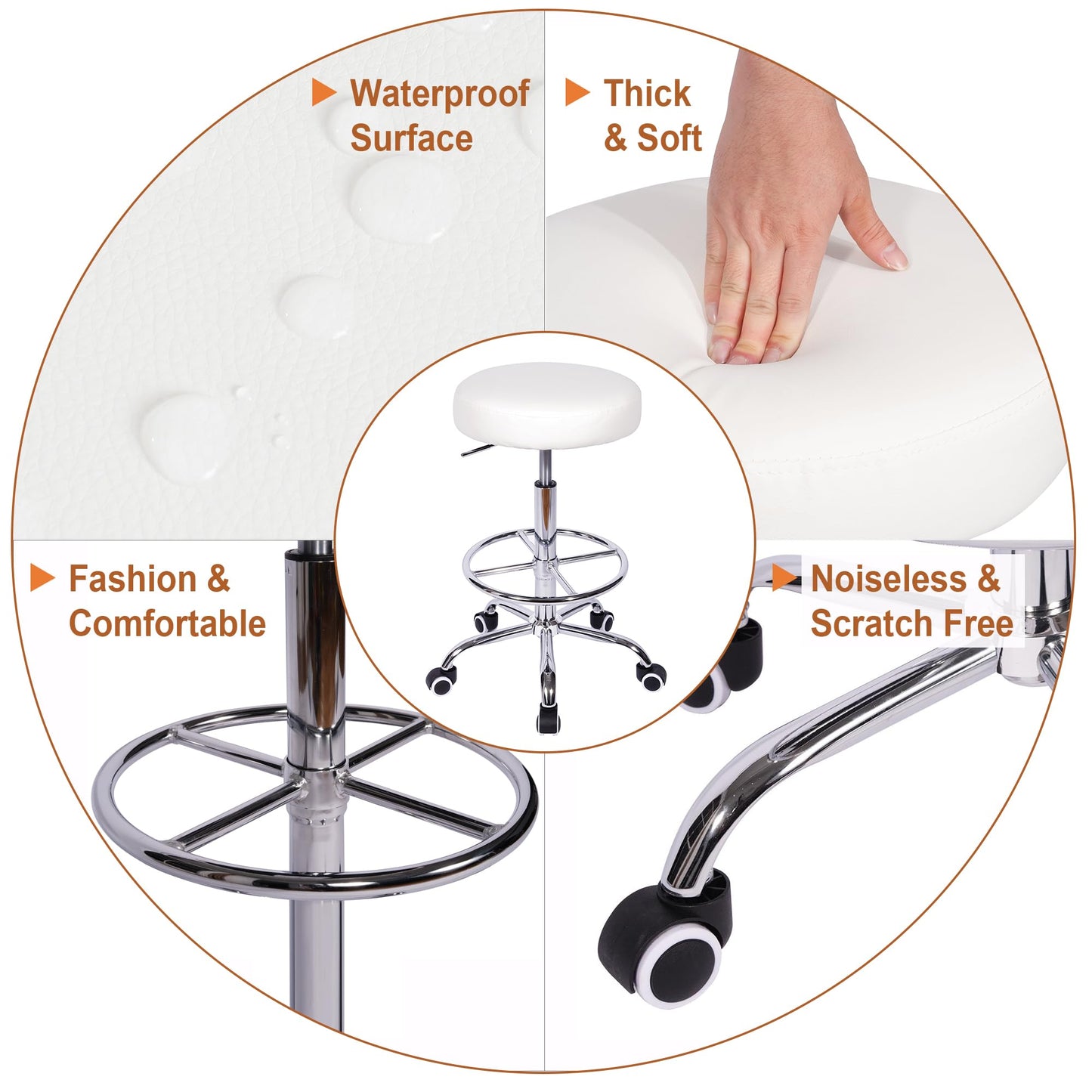 VECELO Round Rolling Stool with Footrest and Wheels, Easy Assembly PU Leather Height Adjustable Drafting Swivel Chair for Spa Salon, Office, Medical, Beauty, Bar, Lab, White