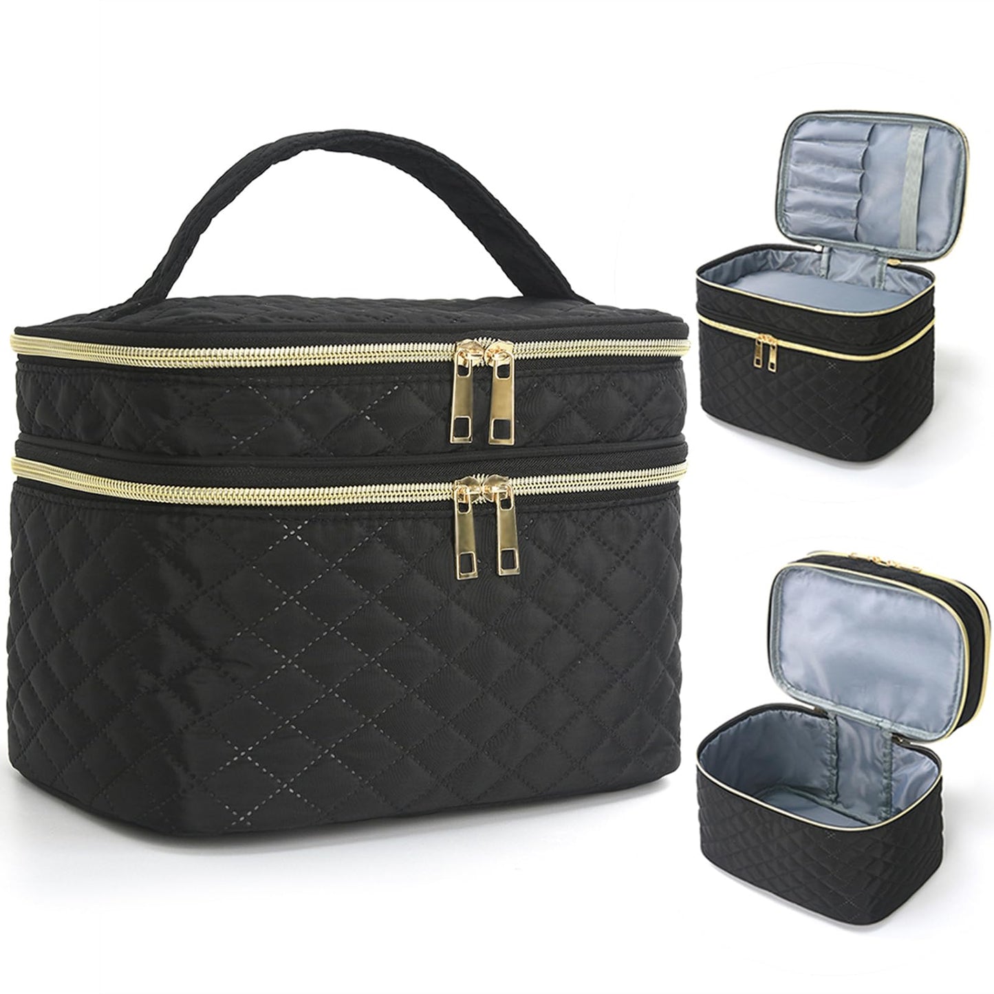 Apxouans Travel Makeup Bag for Women Double Layer Large Cosmetic Case Water-resistant Toiletry Bag Organizer for Store Toiletries Cosmetic Accessories and Manicure Sets Black