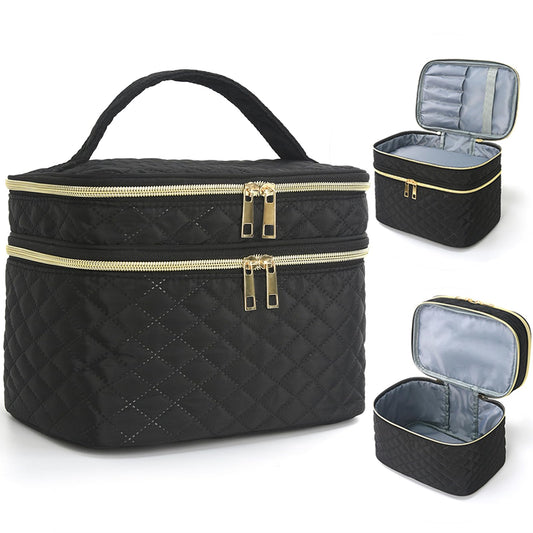 Apxouans Travel Makeup Bag for Women Double Layer Large Cosmetic Case Water-resistant Toiletry Bag Organizer for Store Toiletries Cosmetic Accessories and Manicure Sets Black