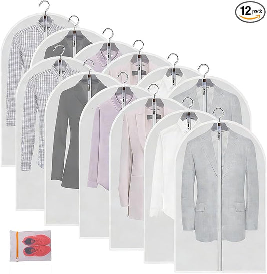 12 Pack Garment Bags for Hanging Clothes (24x40") - Dustproof Suit Bags for Closet Storage - Durable PEVA Covers with Sturdy Zipper for Coats, Jackets & Dresses (Translucent)