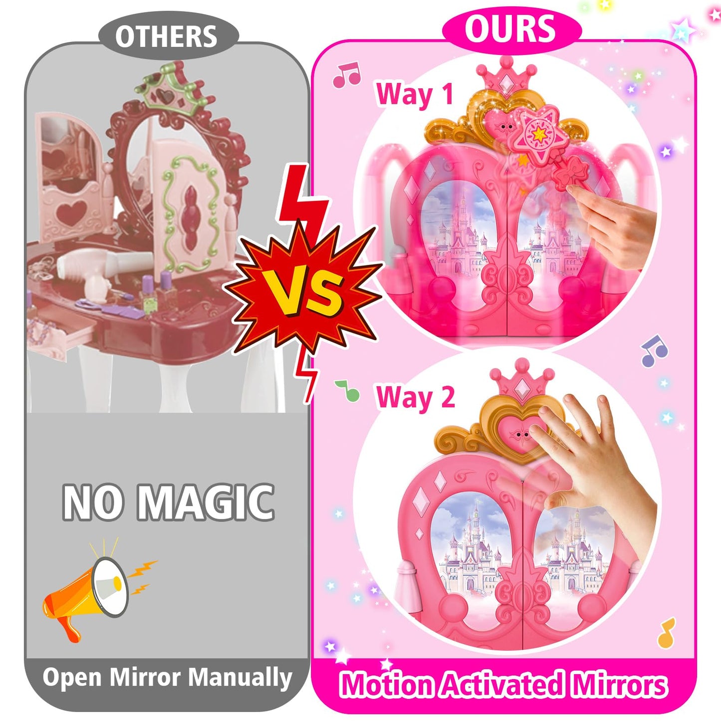 Toddler Vanity Magic Makeup Set Table & Chair Girl Toy Automatically Mirror with Music Light Pink Toys for 3 4 5 Year Old Girl Hair Salon Pretend Play Princess Dress Up Playset Valentine Gift Age 3-5