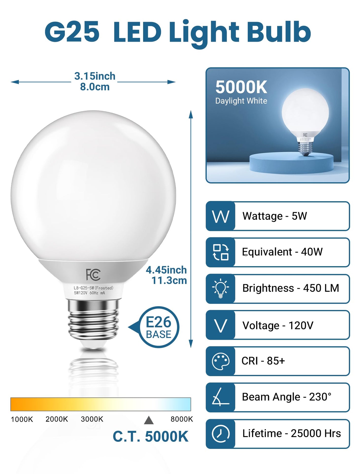 TJOY G25 LED Globe Light Bulbs, Vanity Light Bulb for Bathroom 40W Equivalent, 5000K Daylight White E26 Base, Round Decorative Bulb for Vanity Makeup Mirror, CRI85+, 450LM, Non-Dimmable, UL, 6 Pack