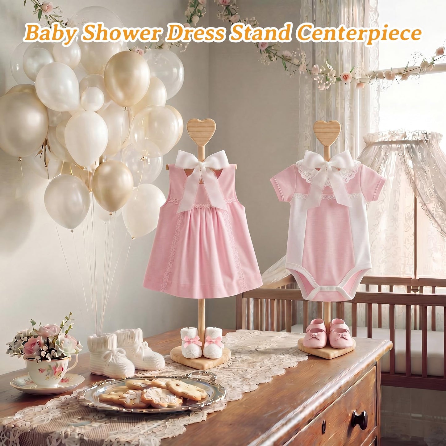 Fuutreo 2 Packs Baby Clothes Display Stands Heart-Topped Baby Shower Centerpiece Babies Clothes Rack with Bow Wooden Adjustable Outfit Hangers Display for Layette Dress, Hand Assembled(Wood Color)