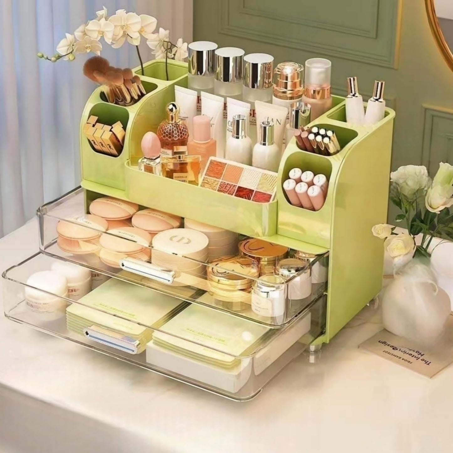 Makeup Organizer with Drawers for Vanity,Bathroom Countertop Organizer with Brushes Holder,Skincare Storage Organizer,Perfect Cosmetic Display Case for Skincare,Lipstick and Beauty Essential (Green)