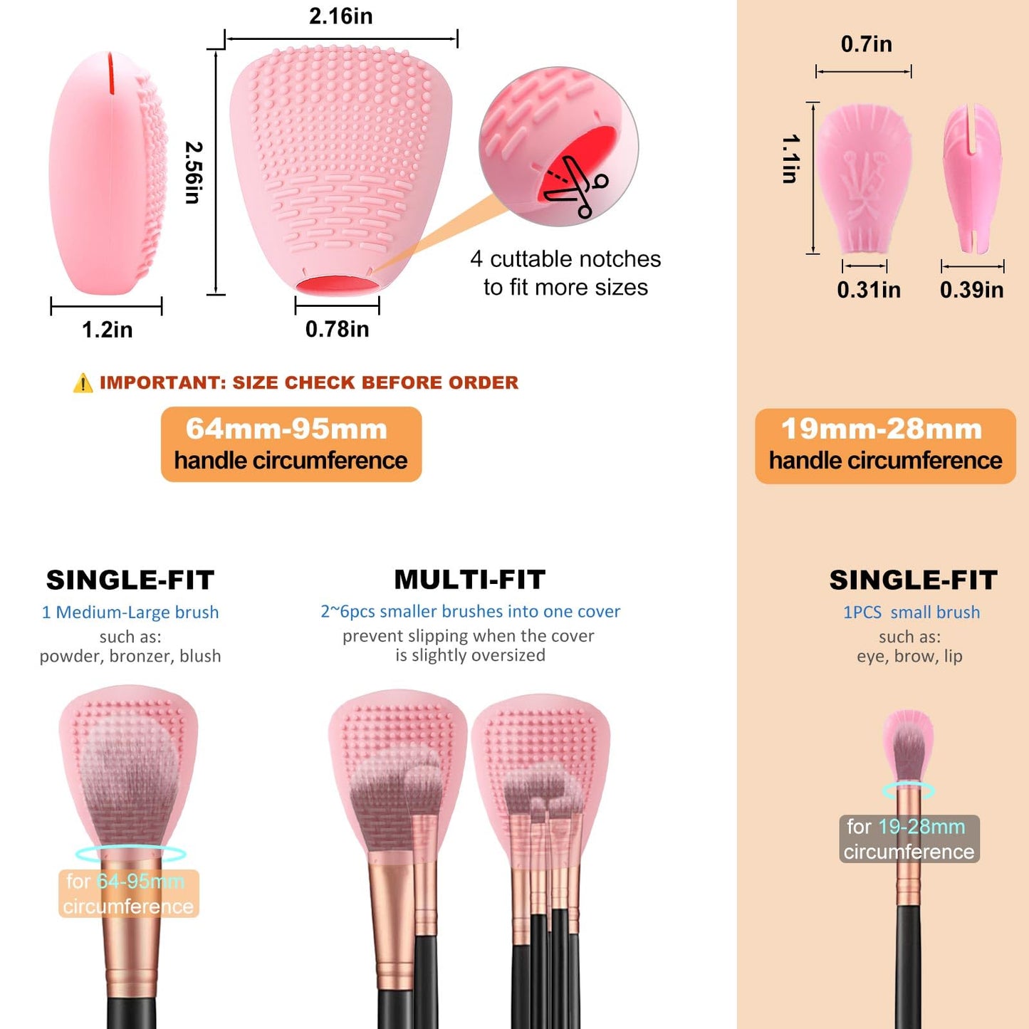Silicone Travel Make-up Brush Holder with Cleaner Mat Pad, Organizer Case Covers for Foundation Eye Lip Brushes Storage Cleaning, Gift for Women Girl-friend Mother Wife, 5-Pcs Large + 7 Small, Pink