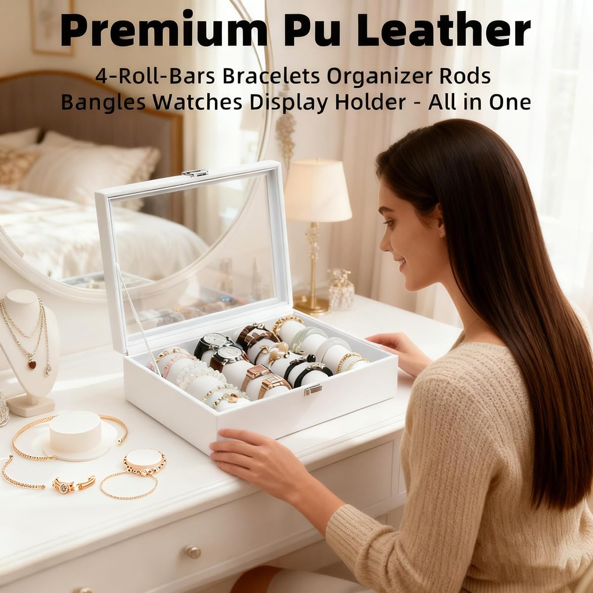 XHMQYC Bracelets Organizer Rods Bangles Display Holder, Clear See through Lid Leather Velvet Jewelry Storage Box Case for Women, 4 Rods White Leather