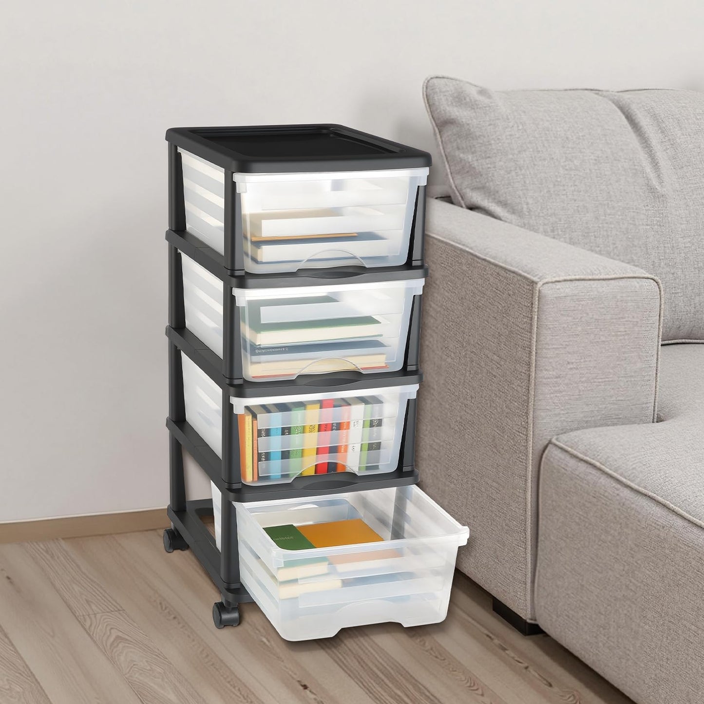VEVOR Plastic Storage Drawers Cart, 4 Drawers Storage Organizer with Wheels, Rolling Closet Organization and Storage Dividers, Dresser Organizer Clear Bins for Office Supplies, Craft Rooms, Classrooms
