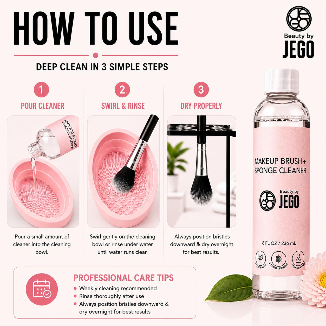 JEGO Makeup Brush + Sponge Cleaner Solution - Ideal for Removing Makeup, Dirt, & Oil - Make Up Brush Cleanser - Hypoallergenic & Plant-Based Solution - 32 Oz