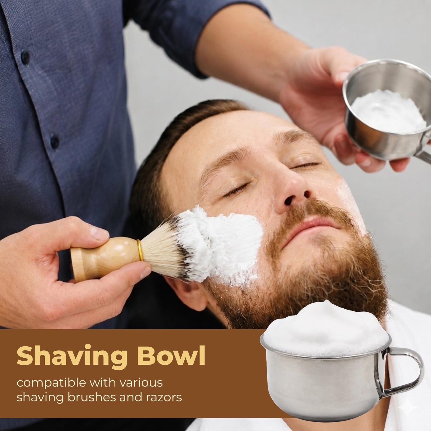 5PCS Shaving Soap Bowl with Beard Brush, 3.4inch Stainless Steel Mug Dish