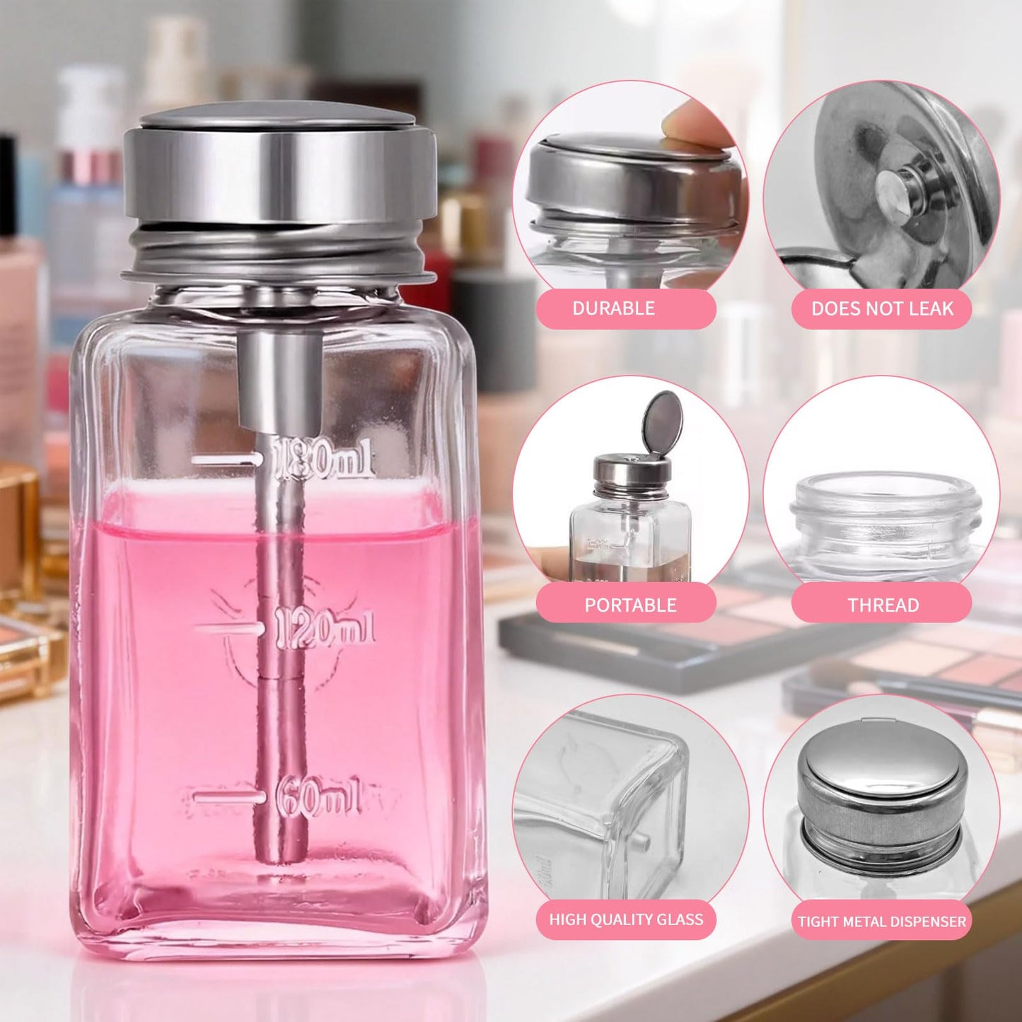 2 Pcs 6 Oz/ 180 ml Clear Pump Dispenser Bottle with Metal Flip Cover Glass Nail Polish Remover Push Down Dispenser Bottle Refillable Push Down Pump Dispenser Press Container for Makeup Remover