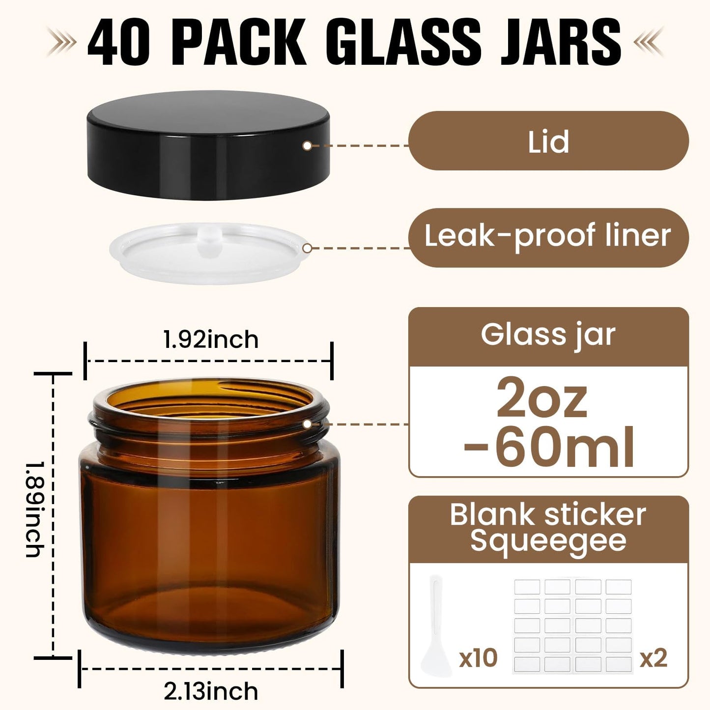 40 Pcs 2 oz Glass Jars with Lids, Amber Glass Jars with 40 Labels & 10 Spatulas, Inner Liners, LeakProof, UV-Protective,Round Glass Containers for Essential Oils, Spices, Candle Making,DIY