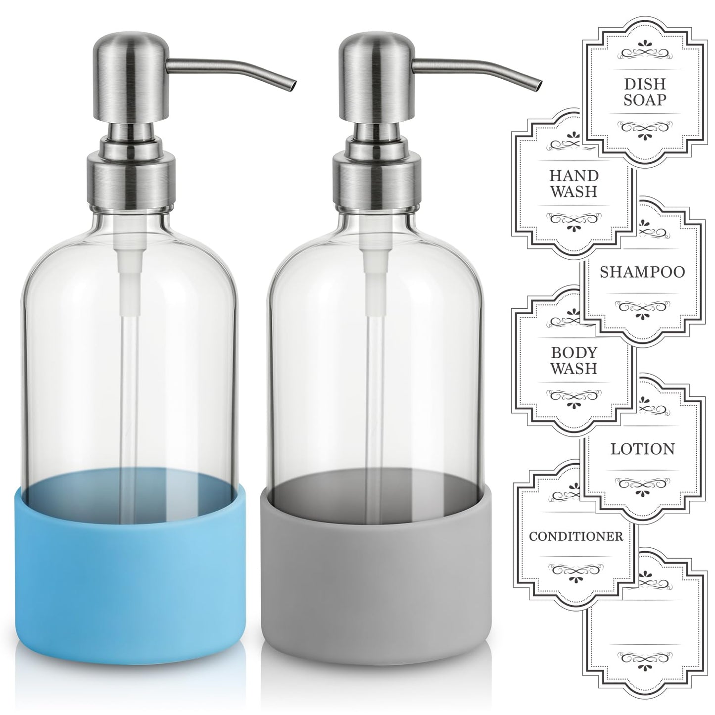 Homepicker 16 oz Hand and Dish Soap Dispenser Set for Kitchen and Bathroom, 500ml Clear Glass Soap Dispenser with Stainless Steel Pump, Non-Slip Silicone Sleeves, Labels - 2 Pack