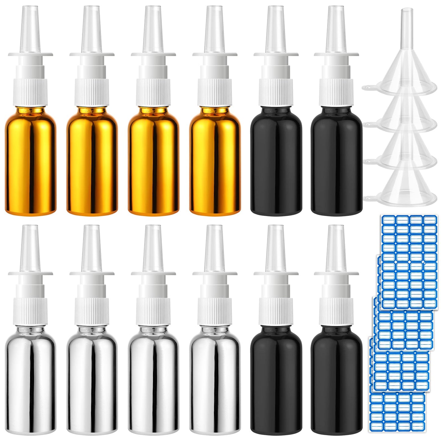 ZHWKMYP 20 Pcs Nasal Spray Bottle, 30ML/1OZ 12 Pcs Bright Plating Gold Silvery Black Empty Refillable Glass Nose Spray Bottle with 4 Funnels and 4 Labels