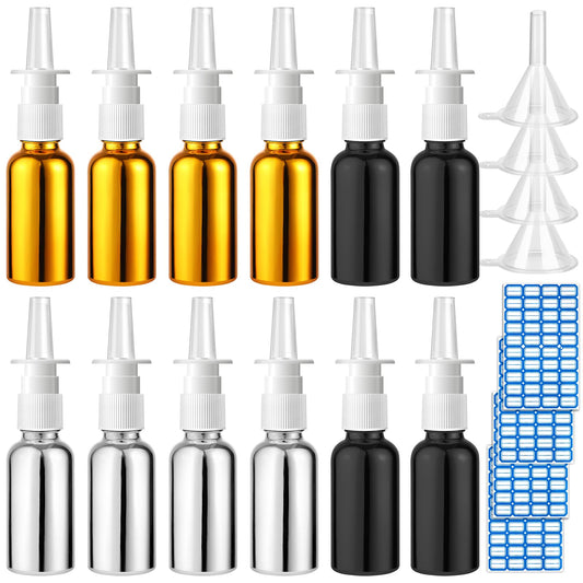 ZHWKMYP 20 Pcs Nasal Spray Bottle, 30ML/1OZ 12 Pcs Bright Plating Gold Silvery Black Empty Refillable Glass Nose Spray Bottle with 4 Funnels and 4 Labels