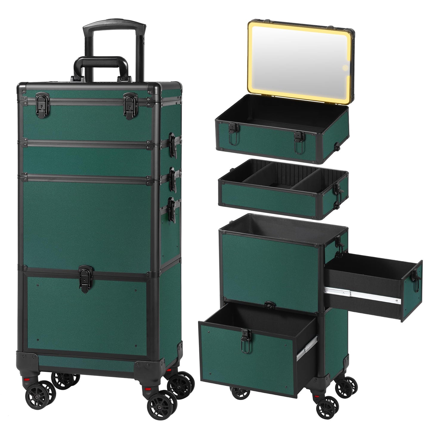 Somduy Makeup Train Case with LED Mirror, Rolling Makeup Case with Drawers, Cosmetology Case on Wheels, Gift, Travel Makeup Organizers, Profesional Cosmetic Case for Salon Barber,Nail,Tattoo,Green