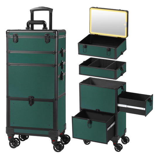 Somduy Makeup Train Case with LED Mirror, Rolling Makeup Case with Drawers, Cosmetology Case on Wheels, Gift, Travel Makeup Organizers, Profesional Cosmetic Case for Salon Barber,Nail,Tattoo,Green