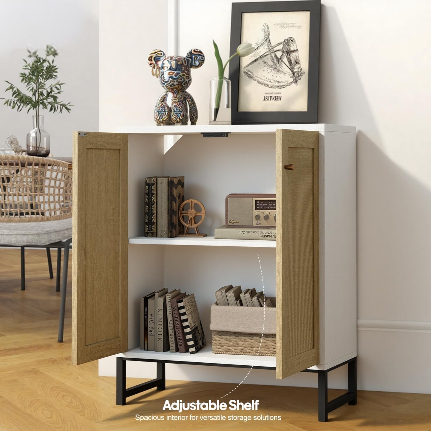 Panana Rattan Decorated 2 Doors Storage Cabinet Accent Cabinet Living Room Cupboard Kitchen Sideboard Buffet Table (White)