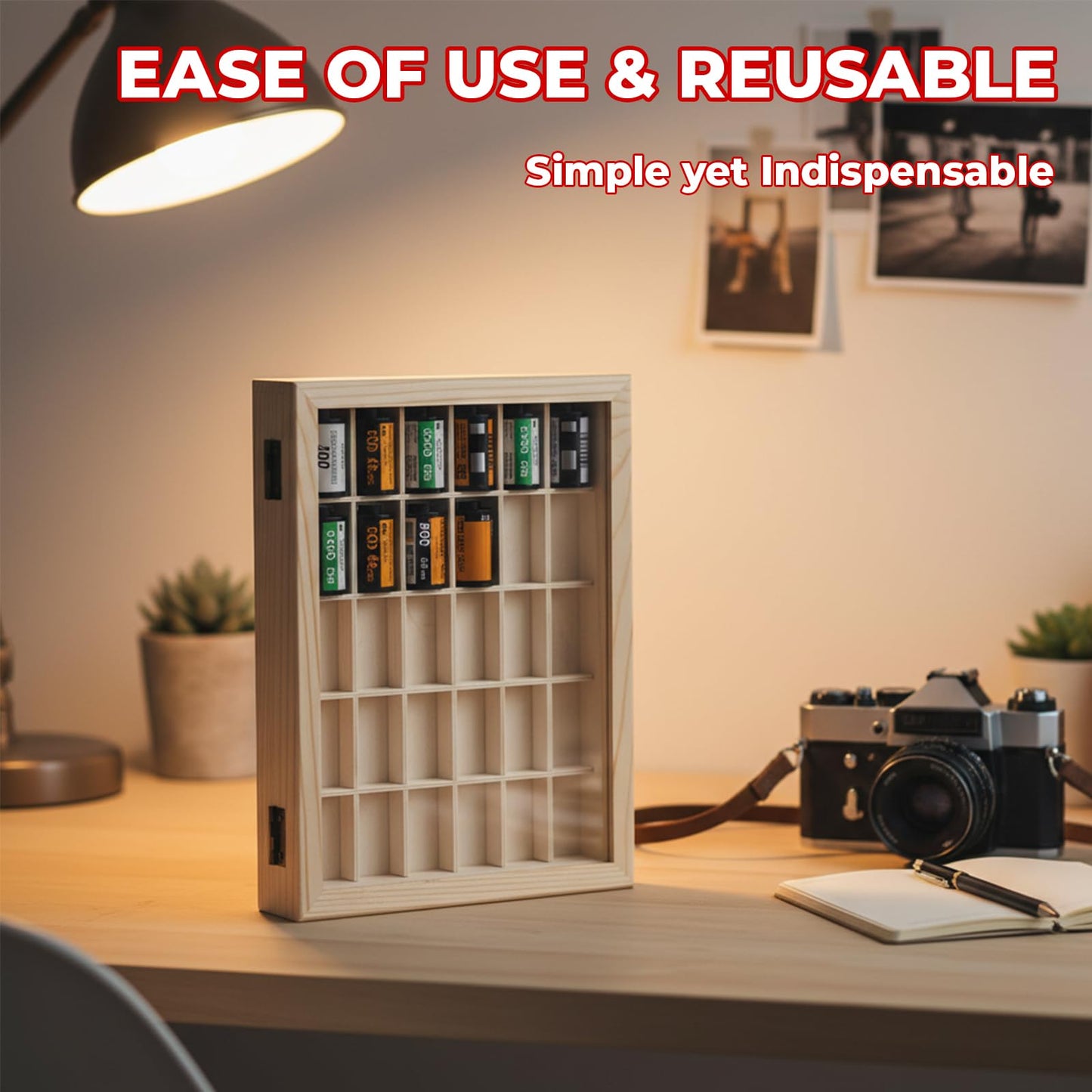 pssped 135 Film Storage Case Compatible with Kodak 135mm Film – Solid Wood Box for 30 Rolls of 35mm Film, Wooden Display & Storage Container with Transparent Lid