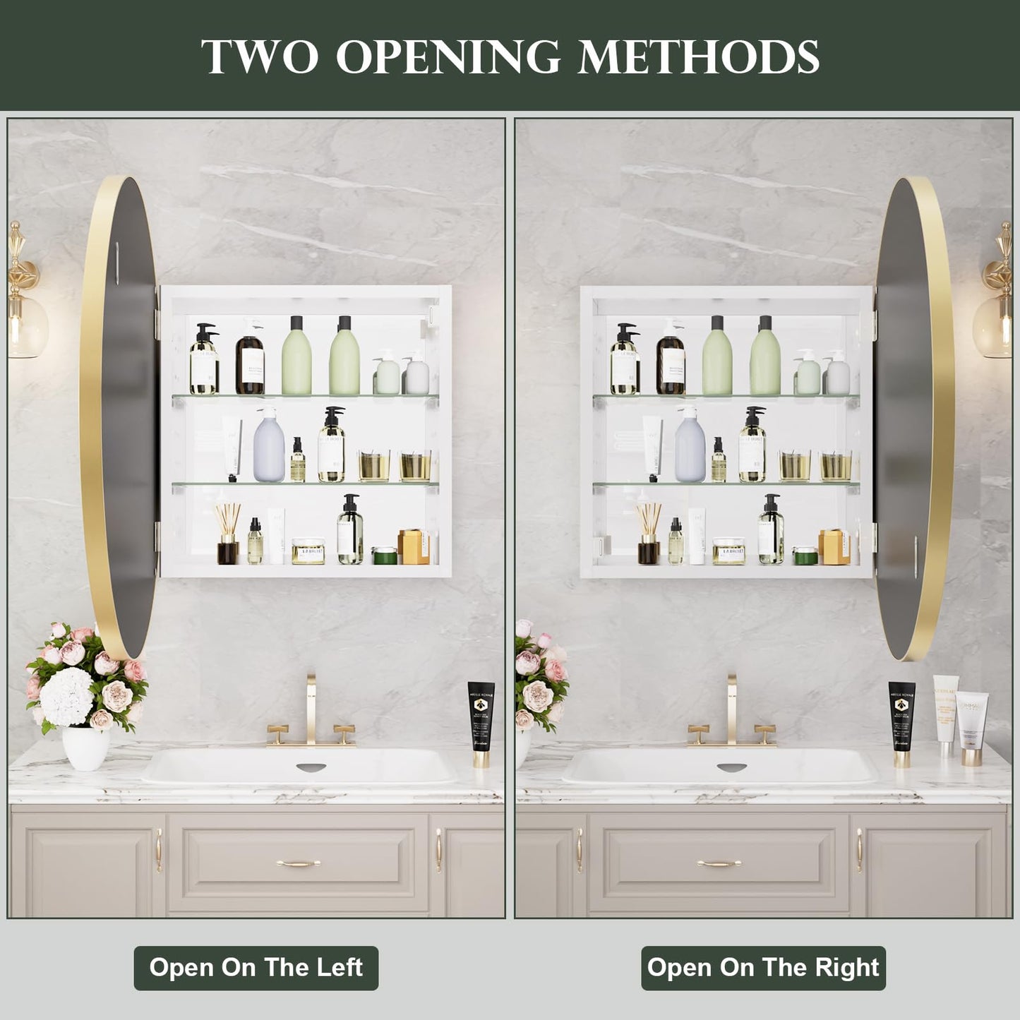 WallBeyond Bathroom Medicine Cabinet with Mirror, 28 Inch Gold Round Mirror Medicine Mabinet Wall Mounted with Aluminum Alloy Metal Framed, Surface Mount Medicine Cabinet with Storage