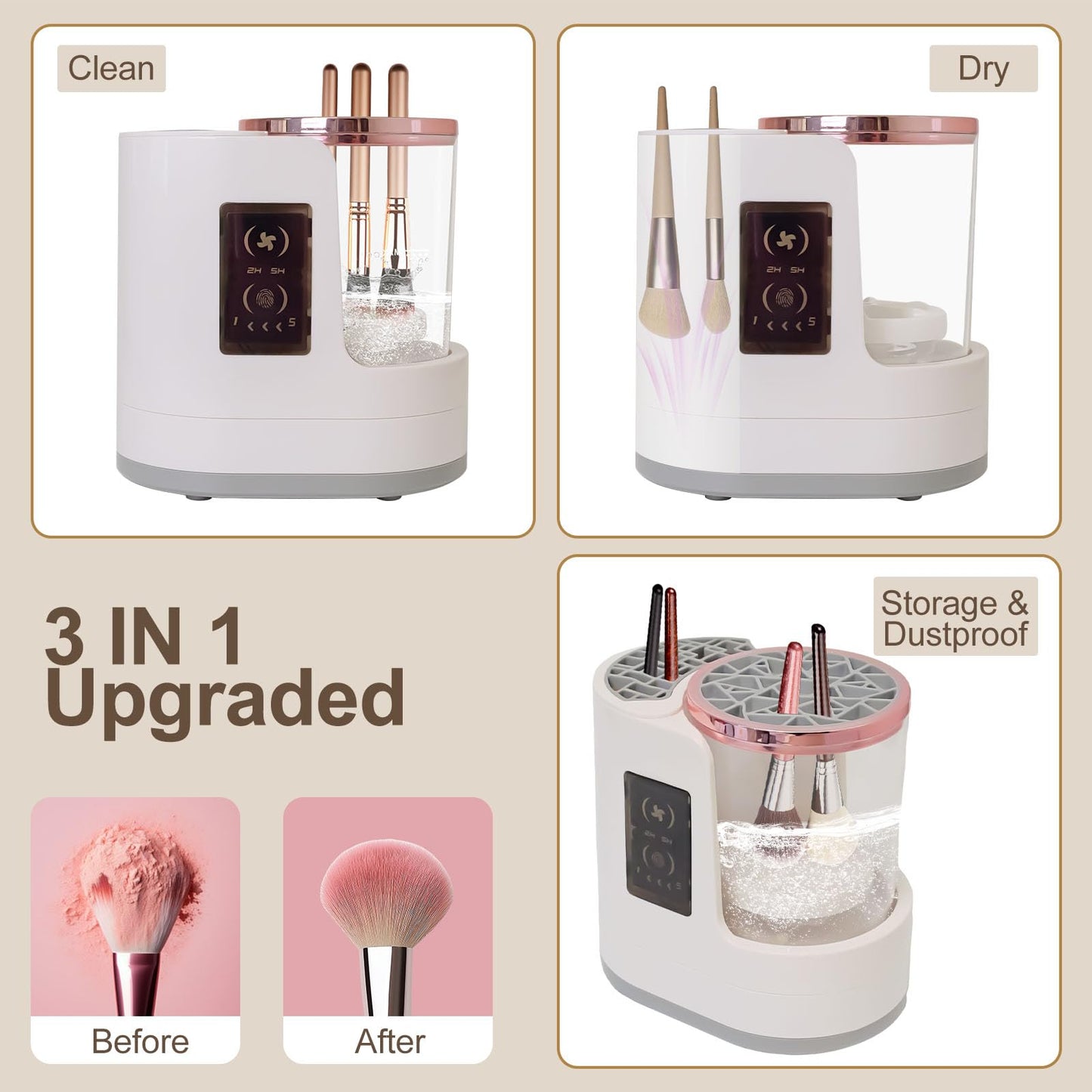 CanVrinxol 3-in-1 Automatic Makeup Brush Cleaner and Dryer, Deep Cleaning & Drying, Fits All Brush Sizes, Perfect Electric Cleaning System Gift for Makeup Lover